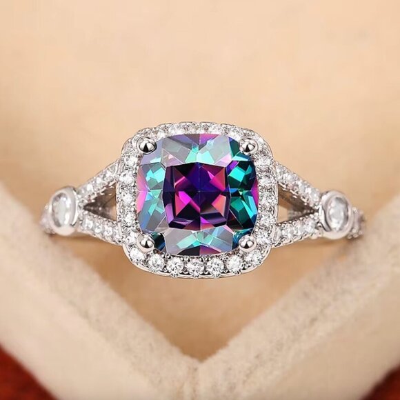 NEW 925 Sterling Silver Diamond Ring Cushion Cut Halo Ring